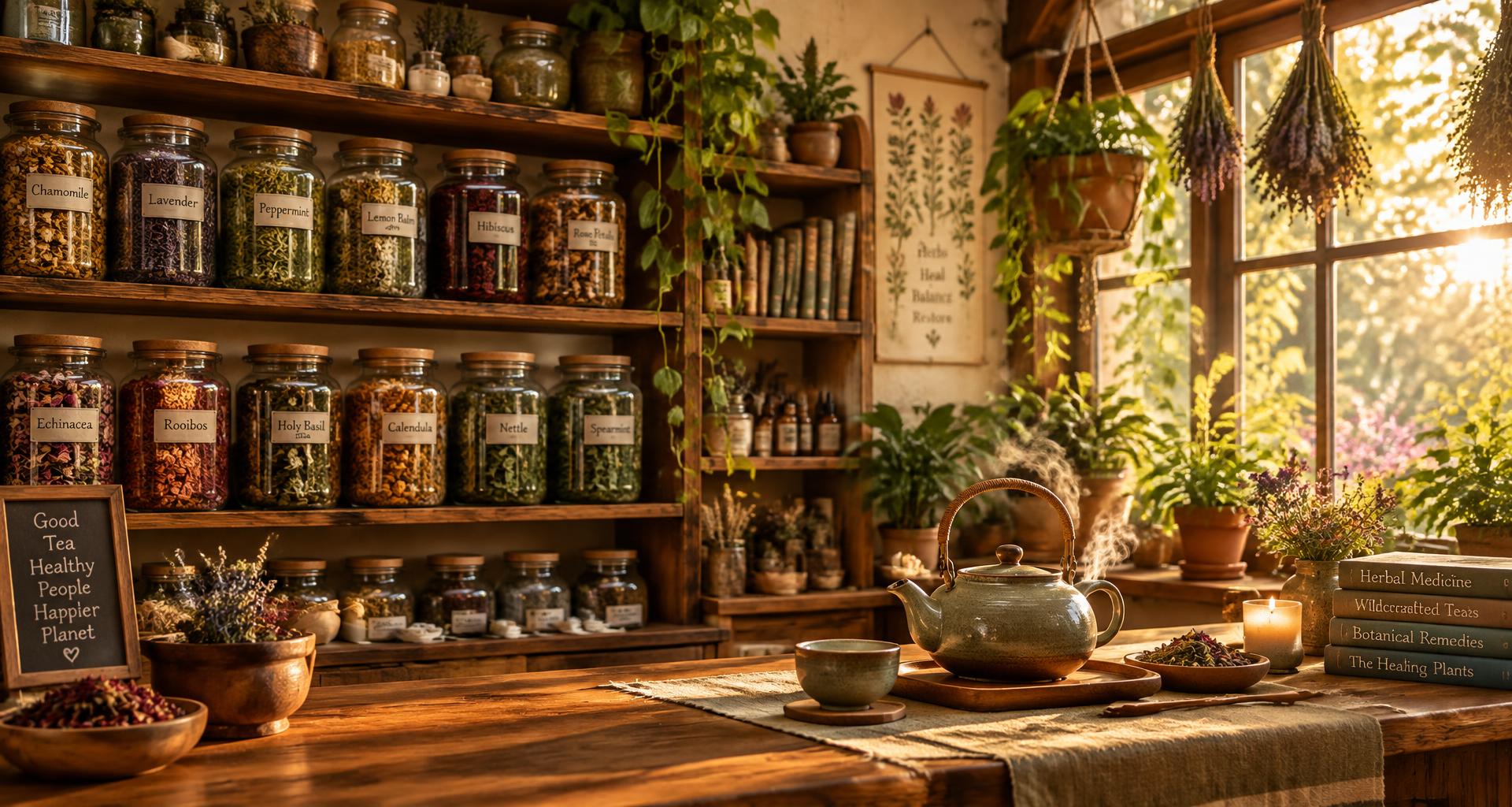 Apothecary shelves with herbs and tea
